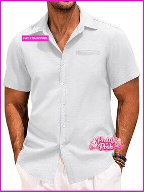 Men's Linen Short Sleeve Button Down Shirt Casual Beach